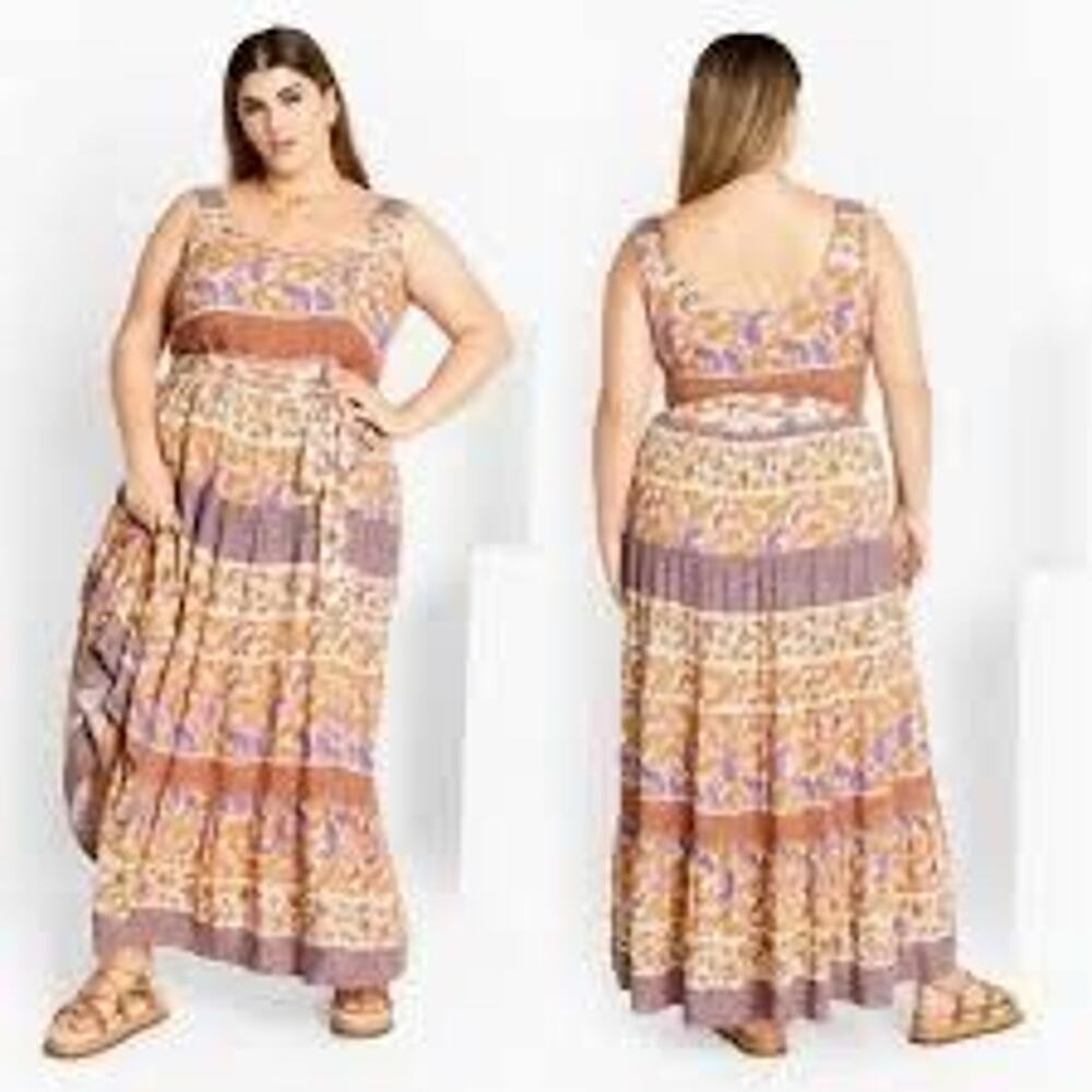 NWT City Chic Dress $99 Size 12 L Boho Multi Print Border Maxi Dress